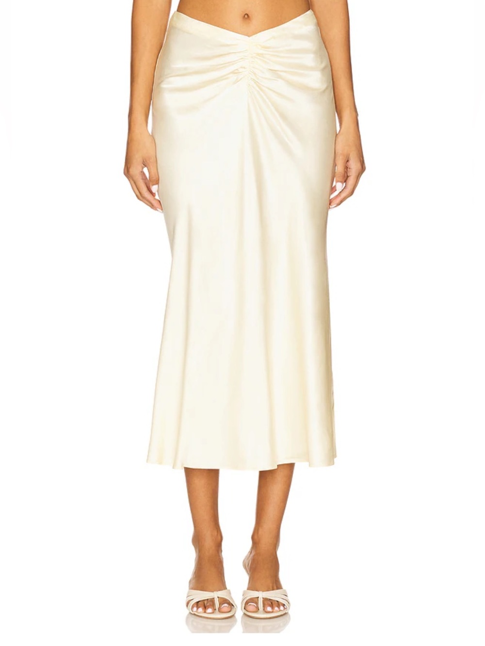 LPA Elinor Midi Skirt Butter Yellow Cream Satin Ruched-Front Revolve S